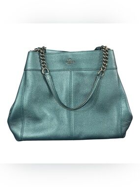 Coach Lexy Metallic Peacock Blue Teal Pebbled Leather Chain Shoulder Bag Purse